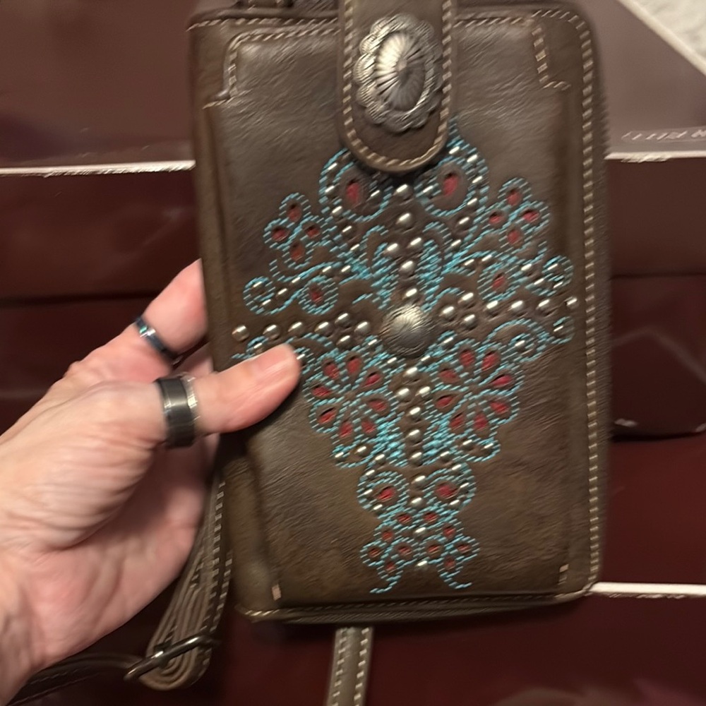 Brown Leather Phone Wallet with Embroidered Design